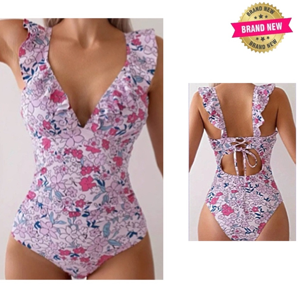 One Piece Swimsuit with Ruffled V-Neck with Open Back